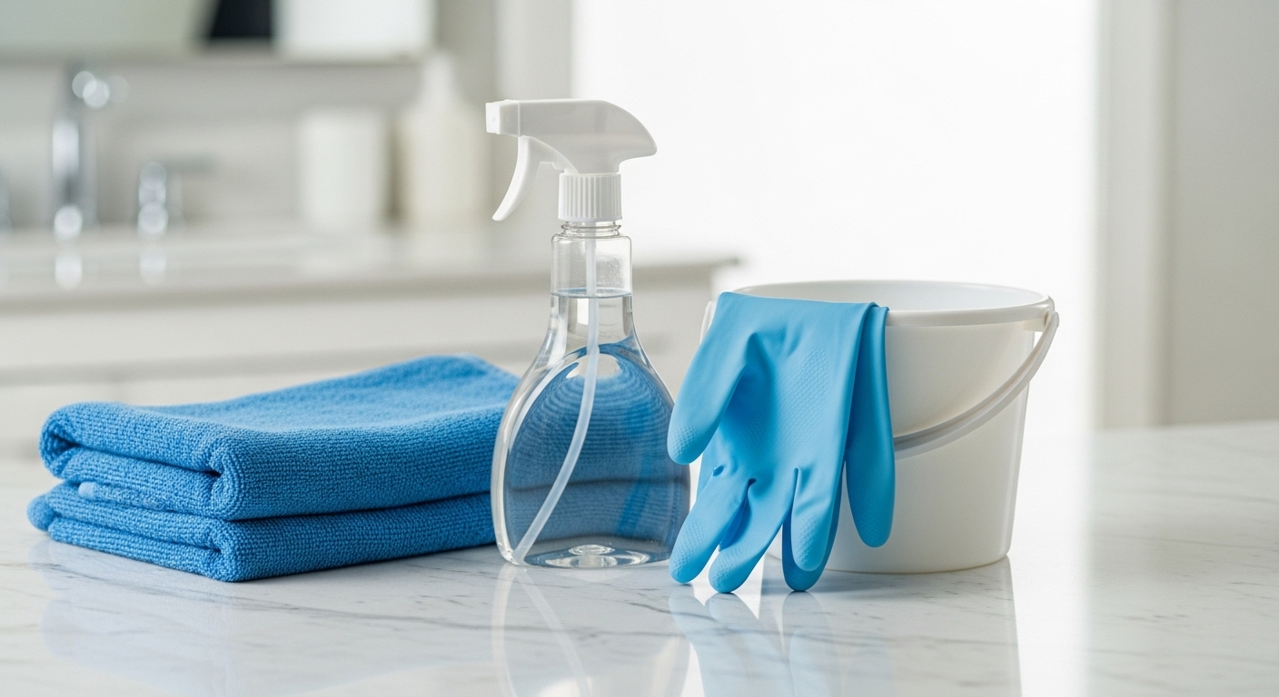 khăn microfiber, bình xịt và găng tay gọn gàng trên bàn. Chuẩn bị sẵn sàng cho cách vệ sinh gương nhà tắm sáng bóng.