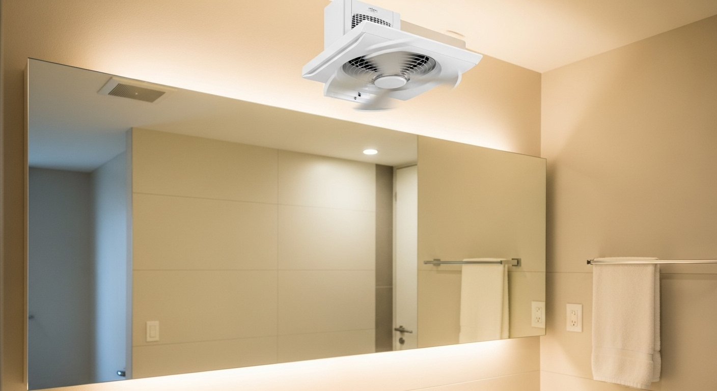 Gương nhà tắm sạch bóng, khô ráo với quạt thông gió hiện đại đang hoạt động phía trên, giúp duy trì vẻ sáng trong hoàn hảo, gợi ý về cách làm sạch gương nhà tắm hiệu quả.