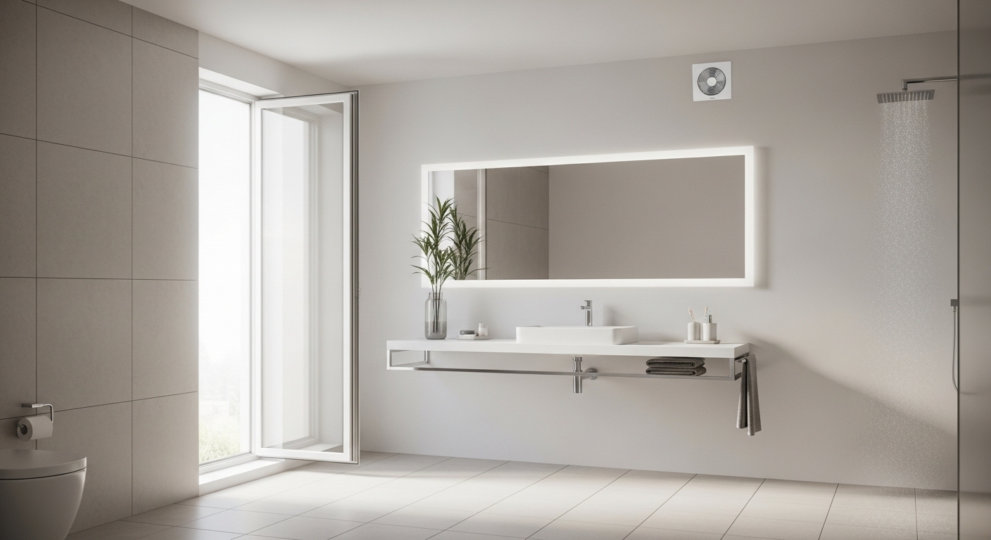 Phòng tắm hiện đại, thông thoáng với ánh sáng tự nhiên, gương sạch nổi bật và quạt hút giúp kiểm soát độ ẩm, đảm bảo việc làm sạch gương phòng tắm hiệu quả hơn.