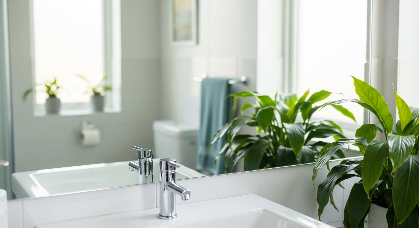 Gương phòng tắm sạch bóng không tì vết, phản chiếu không gian tươi sáng với bồn rửa trắng và cây xanh, nhờ áp dụng cách làm sạch gương phòng tắm hiệu quả.