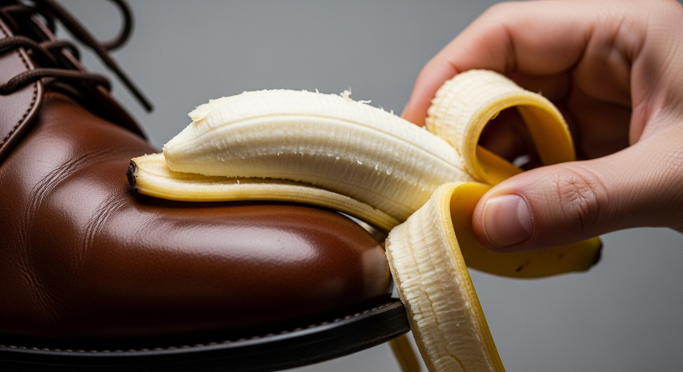 Đánh bóng giày da nâu sáng tự nhiên bằng vỏ chuối.