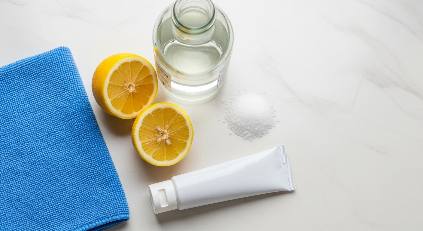 Hình ảnh flat lay các nguyên liệu tự nhiên gồm chanh, giấm, muối, kem đánh răng và khăn microfiber, minh họa cách làm sạch gương nhà tắm sáng bóng hiệu quả.