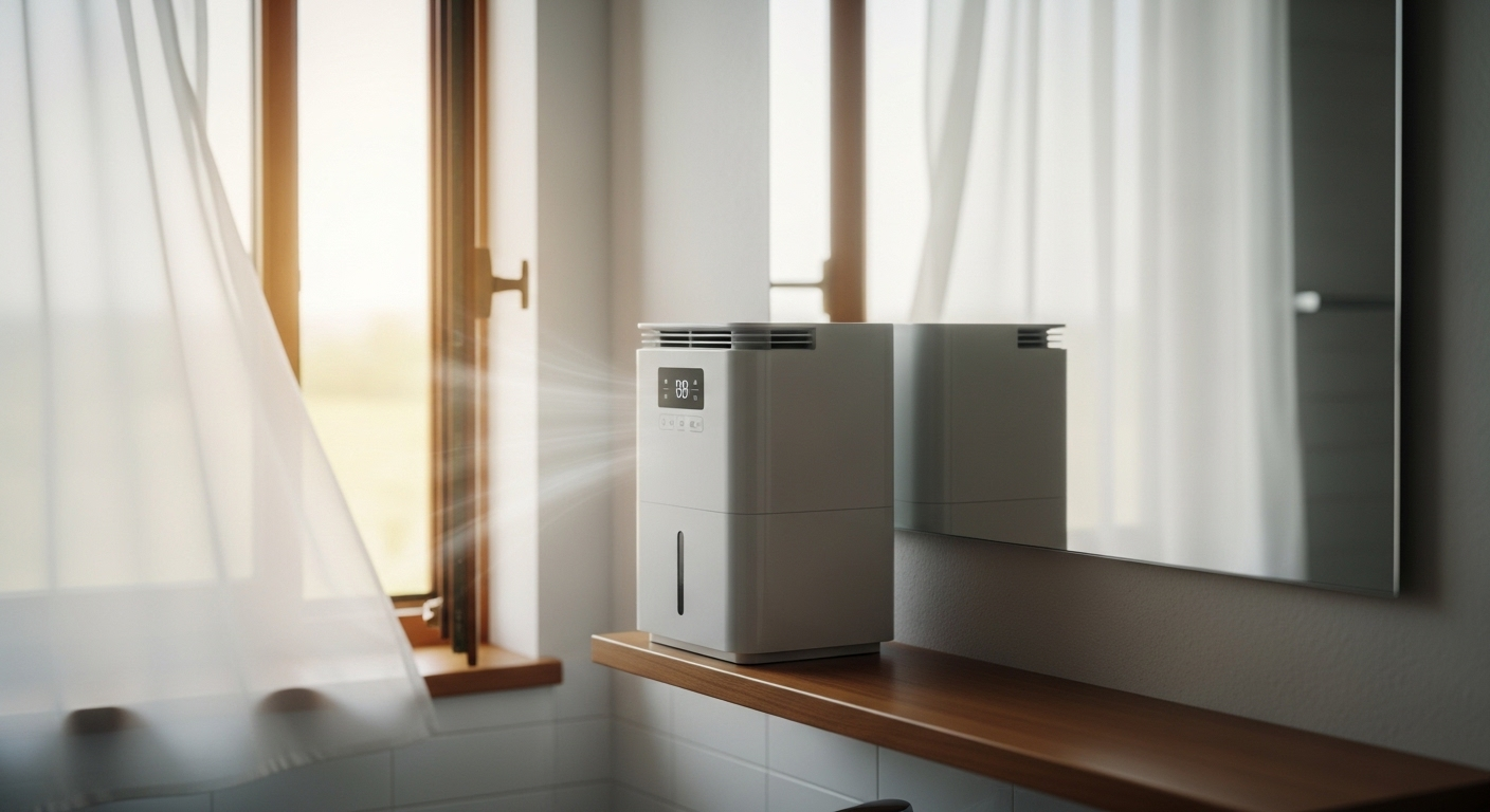 Máy hút ẩm hiện đại cạnh gương sạch trong phòng tắm, giúp kiểm soát độ ẩm, ngăn ngừa nấm mốc hiệu quả và giảm thiểu nhu cầu làm sạch gương bị mốc.