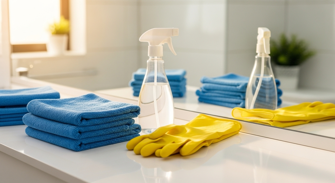 Chuẩn bị bộ dụng cụ vệ sinh gọn gàng gồm khăn, bình xịt, găng tay trên bàn cạnh gương nhà tắm sáng bóng, cần thiết cho cách làm sạch gương nhà tắm bị ố mờ.