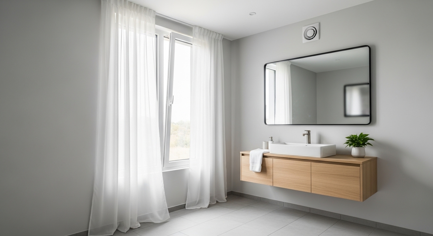 Gương nhà tắm sạch bóng, trong suốt trong không gian nhà tắm thông thoáng với cửa sổ mở và quạt hút. Đây là hình ảnh lý tưởng sau khi áp dụng thành công các cách làm sạch gương nhà tắm bị ố vàng.