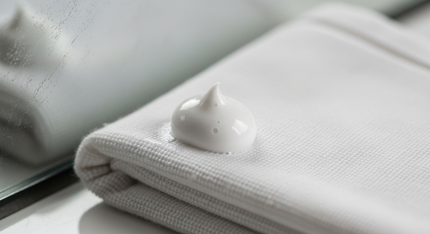 Kem đánh răng trắng mịn màng trên khăn mềm, đặt gần gương phòng tắm bị mờ, sẵn sàng cho việc vệ sinh gương phòng tắm.