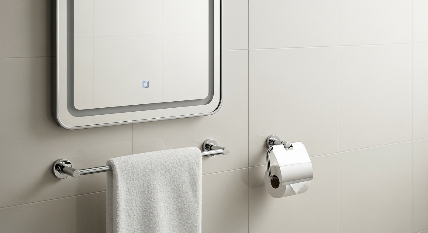 Phụ kiện phòng tắm mạ chrome hiện đại (gương, thanh treo khăn, giá giấy) trên tường gạch sáng, đồng bộ với thiết bị nhà bếp cao cấp cho không gian sống tiện nghi. Phụ kiện phòng tắm mạ chrome hiện đại (gương, thanh treo khăn, giá giấy) trên tường gạch sáng, đồng bộ với thiết bị nhà bếp cao cấp cho không gian sống tiện nghi.