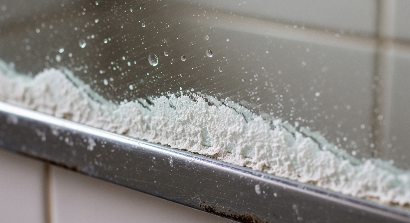 Cận cảnh mảng bám cặn vôi trắng dày đặc và vết nước khô dưới khung gương phòng tắm, hình ảnh điển hình khi tìm kiếm Cách làm sạch gương phòng tắm hiệu quả.