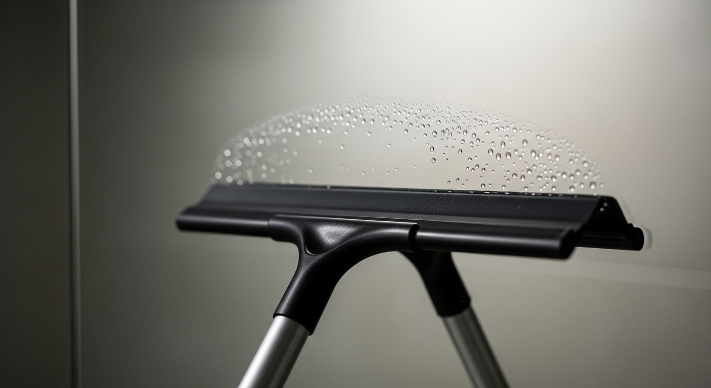 Cây gạt nước trên bề mặt gương sạch không tì vết, với vài giọt nước li ti, minh họa hiệu quả của cách lau gương sạch sáng bóng.