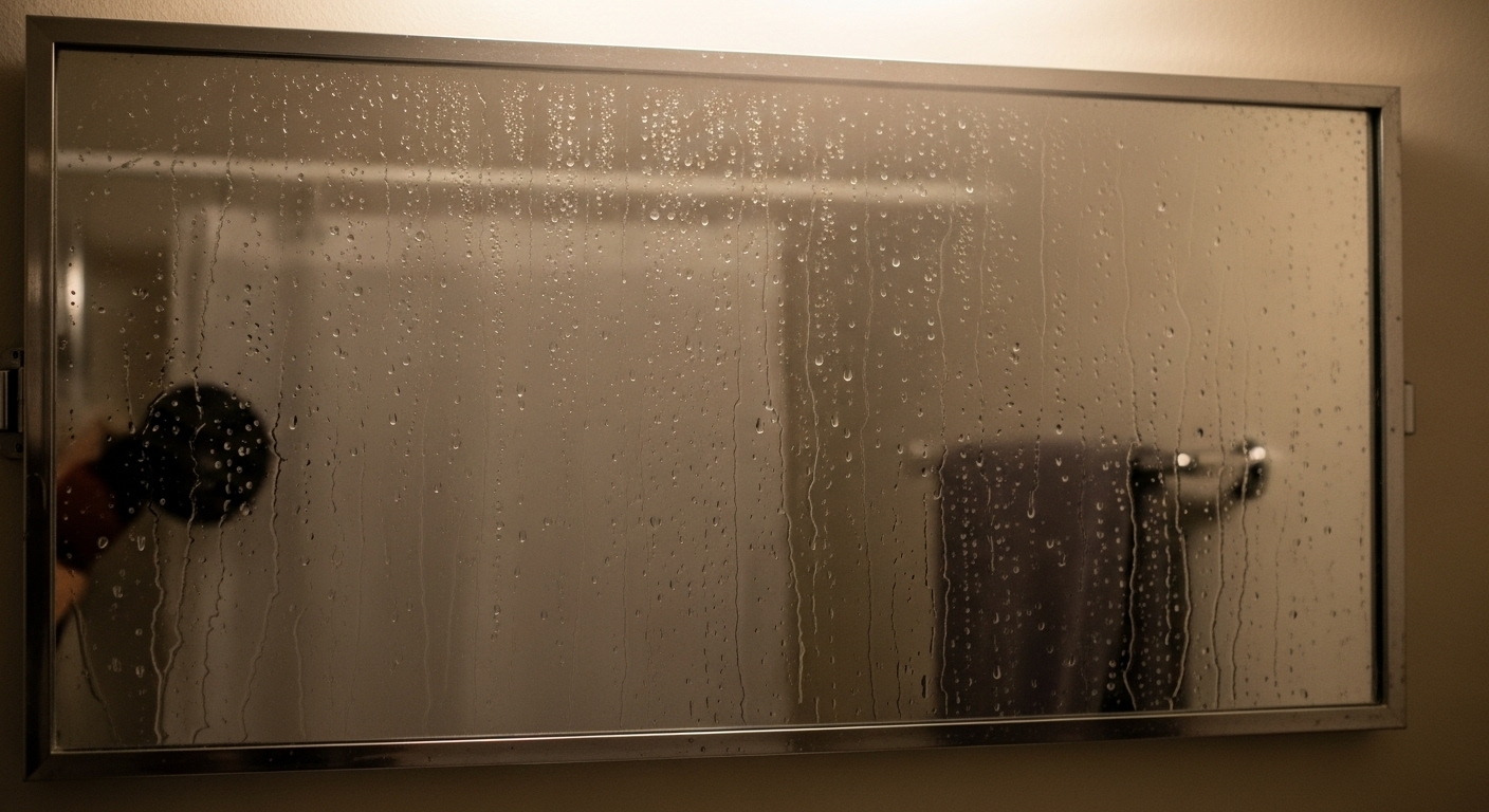 Gương nhà tắm mờ đặc hơi nước và đọng giọt sau khi tắm nước nóng, che khuất mọi phản chiếu. Hình ảnh điển hình cho việc cần tìm cách làm sạch gương nhà tắm hiệu quả. Gương nhà tắm mờ đặc hơi nước và đọng giọt sau khi tắm nước nóng, che khuất mọi phản chiếu. Hình ảnh điển hình cho việc cần tìm cách làm sạch gương nhà tắm hiệu quả.