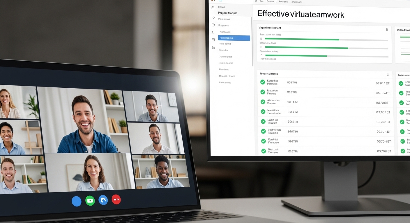 Cuộc họp video trực tuyến sôi động trên laptop với các thành viên nhóm đang cười, cùng màn hình phụ hiển thị bảng điều khiển quản lý dự án theo dõi tiến độ công việc, minh họa sự làm việc tại nhà hiệu quả và hợp tác nhóm.