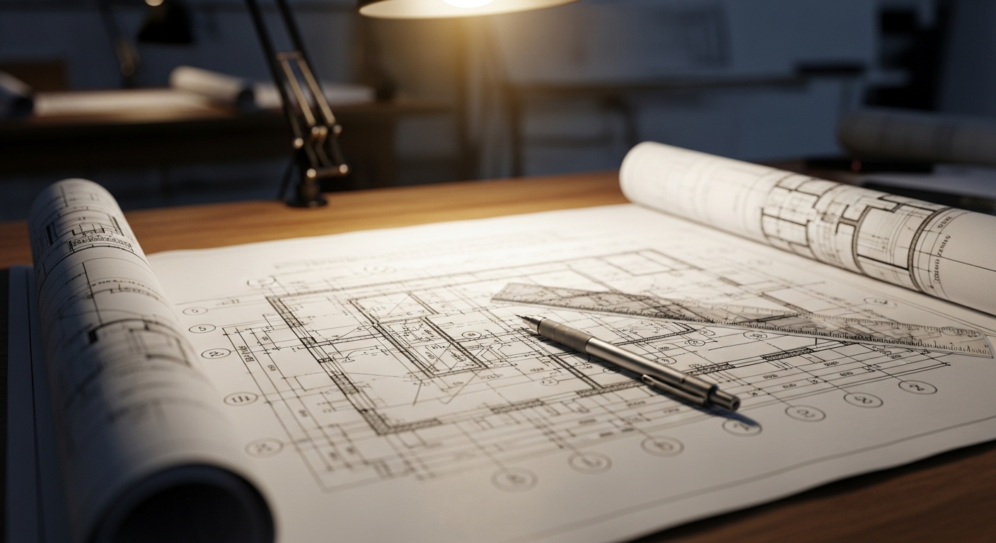 Bản thiết kế kiến trúc chi tiết trên bàn vẽ kỹ thuật với bút chì và thước, thể hiện nền tảng vững chắc cho dự án. Để phân tích và xác định từ khóa SEO phù hợp với ngữ cảnh bài viết này, tôi không thể thực hiện phân tích vì nội dung bài viết được cung cấp trống. Vui lòng cung cấp nội dung bài viết để tôi xác định các từ khóa chính và phụ.