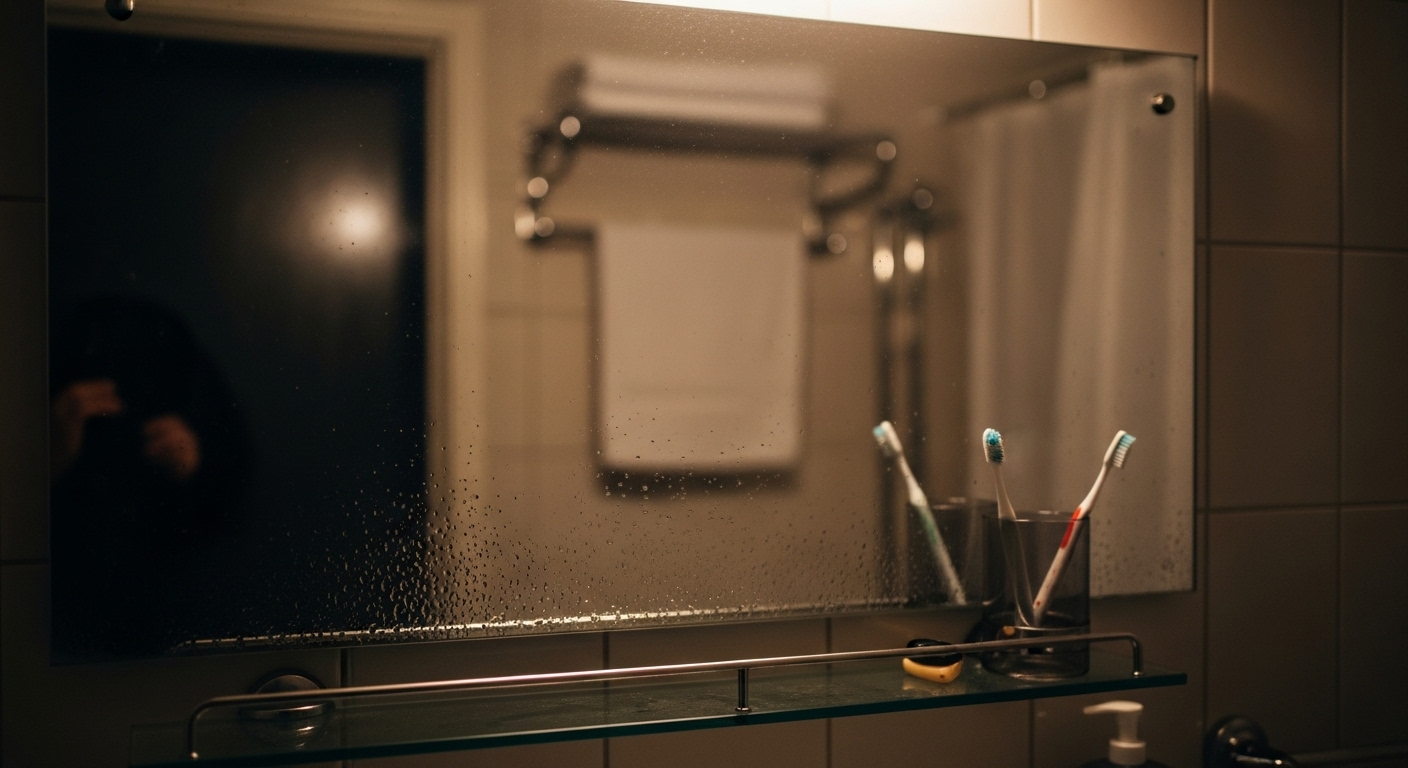 Gương nhà tắm phủ hơi nước và giọt li ti sau khi tắm nóng, phản chiếu không gian mờ ảo cùng kệ kính trong suốt bên dưới – tình trạng thường gặp trước khi cần tìm cách làm sạch gương nhà tắm.