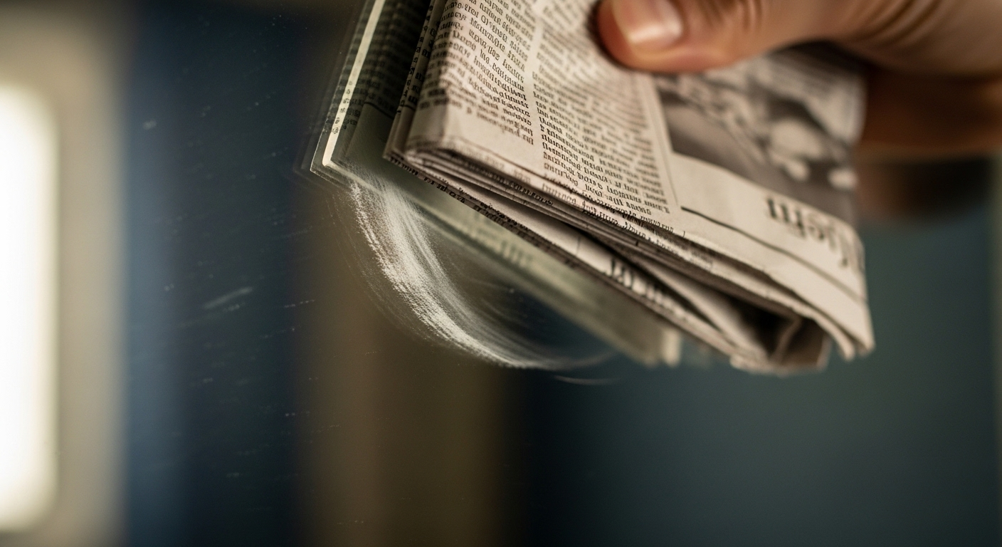 Cận cảnh giấy báo cũ vò nát đang được dùng để đánh bóng gương kính sáng bóng, minh họa cách lau gương sạch hiệu quả.
