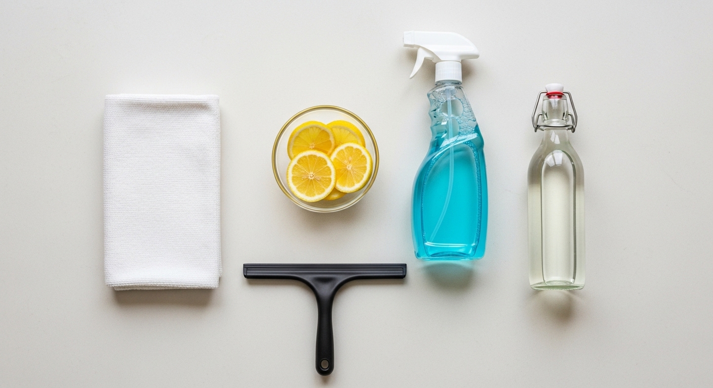 Bộ dụng cụ chuẩn bị cho cách lau gương sạch hiệu quả, gồm khăn microfiber, bình xịt, cây gạt nước, giấm trắng và lát chanh tươi, sắp xếp gọn gàng trên mặt bàn. Bộ dụng cụ chuẩn bị cho cách lau gương sạch hiệu quả, gồm khăn microfiber, bình xịt, cây gạt nước, giấm trắng và lát chanh tươi, sắp xếp gọn gàng trên mặt bàn.
