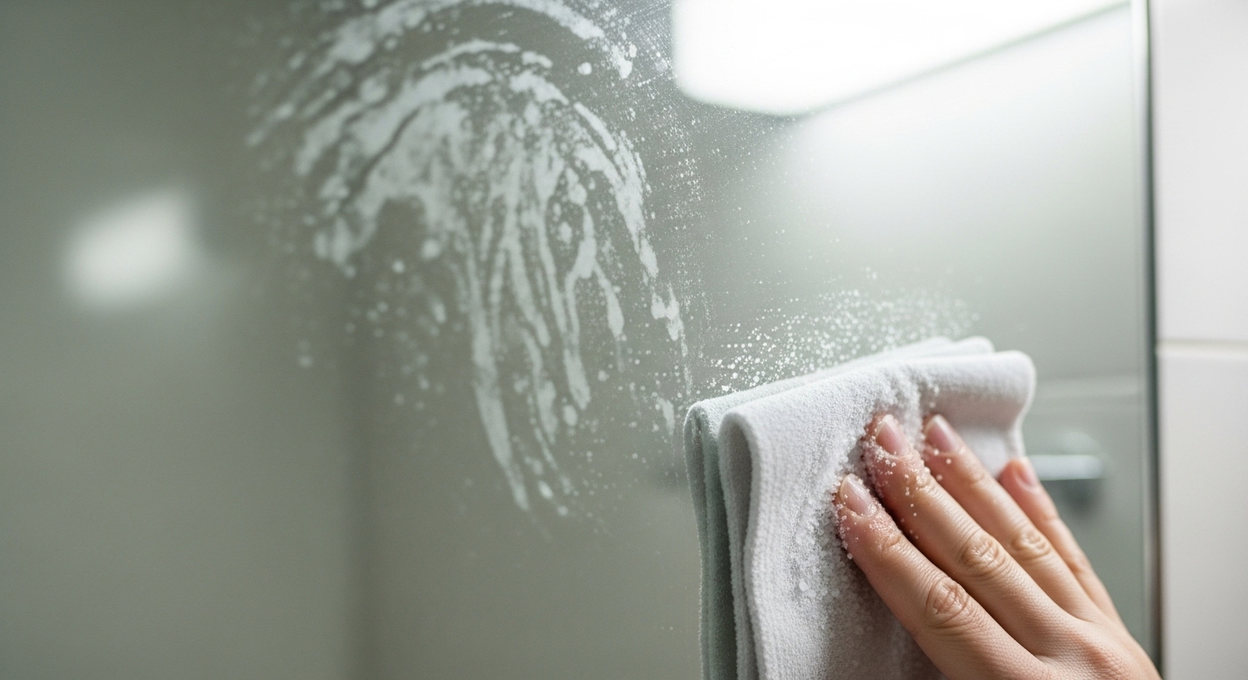 Gương nhà tắm bị ố cặn khoáng mờ, một chiếc khăn ẩm tẩm muối hạt mịn đang được đặt nhẹ lên bề mặt, minh họa cách làm sạch gương nhà tắm hiệu quả.