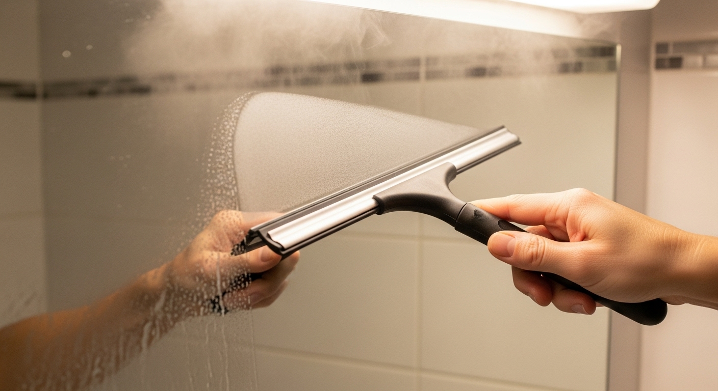 Bàn tay dùng dụng cụ gạt nước làm sạch hơi nước trên gương nhà tắm mờ sương sau khi tắm, tạo vùng phản chiếu rõ nét, minh họa cách làm sạch gương nhà tắm.