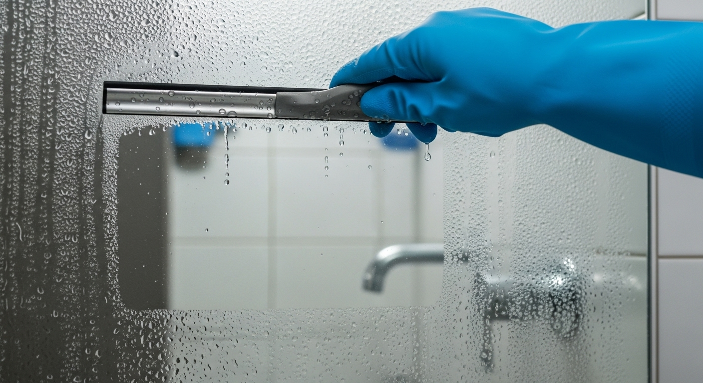 Tay đeo găng xanh đang dùng cây gạt loại bỏ hơi nước trên gương, minh họa cách làm sạch gương nhà tắm hiệu quả, để lại bề mặt trong veo.