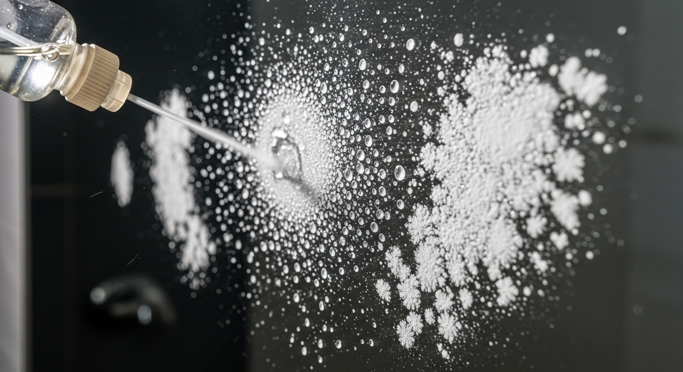 Cận cảnh gương nhà tắm với cặn khoáng trắng cứng đầu. Dung dịch axit đang được xịt lên bề mặt, minh họa bước đầu trong cách làm sạch gương trong nhà tắm khỏi các vết ố bám dai.