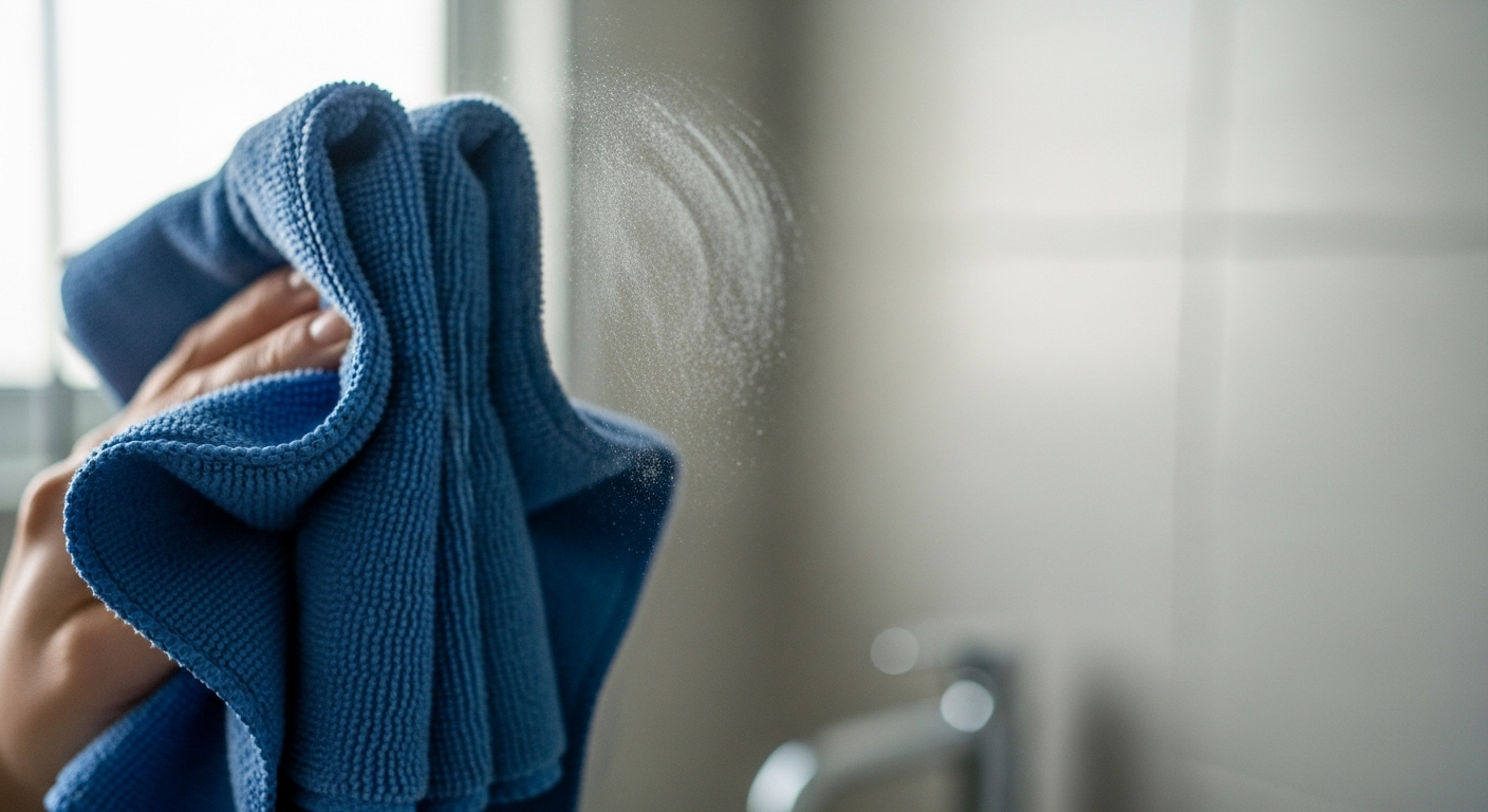 Khăn microfiber màu xanh đang lau sạch gương nhà tắm, minh họa một trong những mẹo làm sạch gương nhà tắm hiệu quả để có bề mặt sáng bóng không tì vết. Khăn microfiber màu xanh đang lau sạch gương nhà tắm, minh họa một trong những mẹo làm sạch gương nhà tắm hiệu quả để có bề mặt sáng bóng không tì vết.