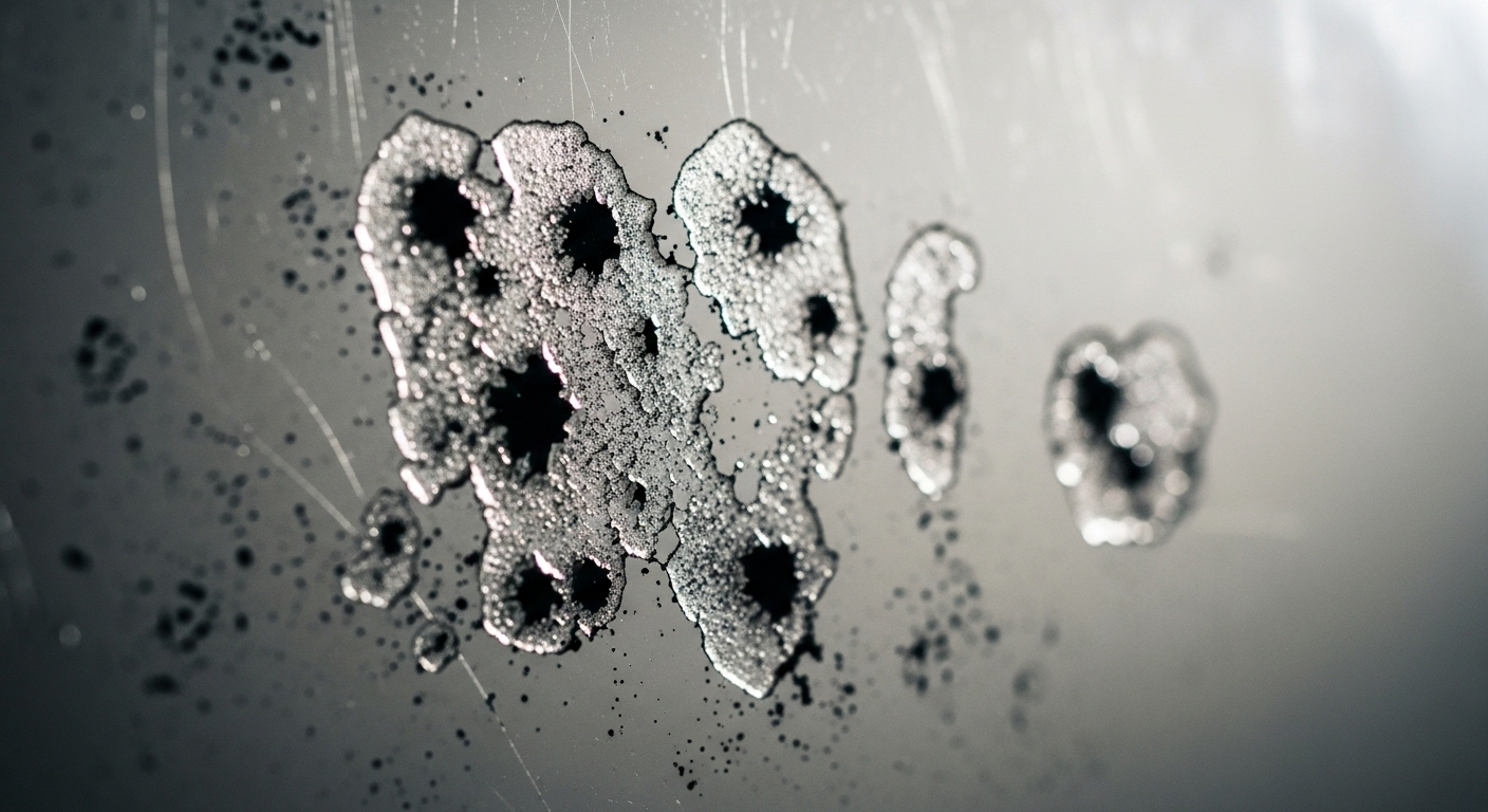 Cận cảnh gương phòng tắm bị mờ với các đốm đen, lớp tráng bạc bong tróc, rõ ràng là hư hại do ẩm và tuổi tác.