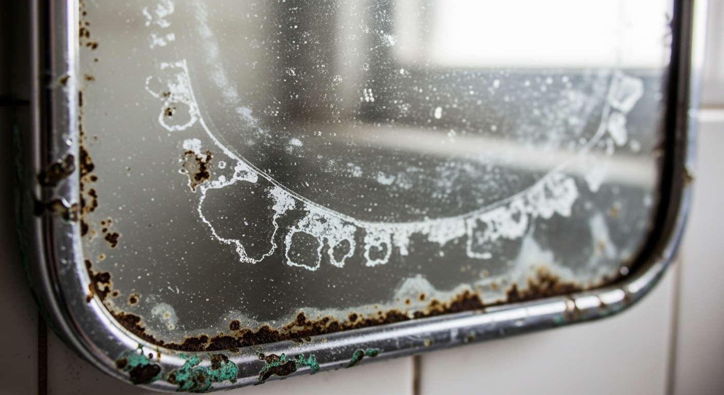 Gương phòng tắm cũ kỹ chi tiết vết ố nước cứng ăn mòn vĩnh viễn và bạc gương, cho thấy hư hại không thể khắc phục bằng cách làm sạch gương phòng tắm thông thường.