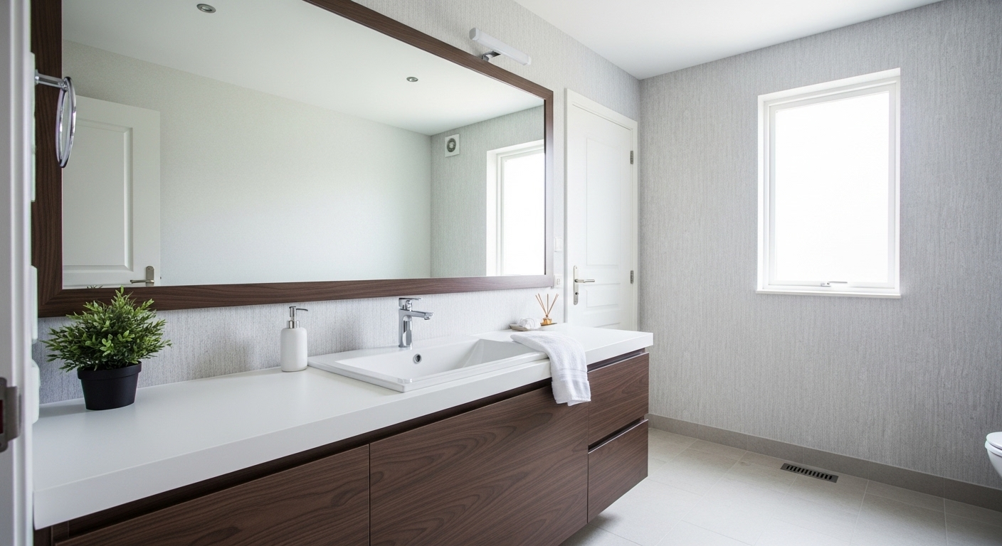 Gương phòng tắm lớn, sáng bóng không tì vết trên tủ lavabo sang trọng, phản chiếu ánh sáng tự nhiên, cho thấy hiệu quả của cách vệ sinh gương phòng tắm đúng cách.