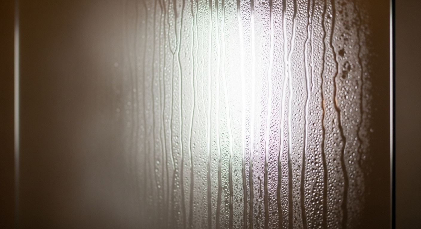 Gương phòng tắm đọng hơi nước dày đặc, với vệt nước chảy dài. Hình ảnh minh họa vấn đề cần cách vệ sinh gương phòng tắm hiệu quả. Gương phòng tắm đọng hơi nước dày đặc, với vệt nước chảy dài. Hình ảnh minh họa vấn đề cần cách vệ sinh gương phòng tắm hiệu quả.