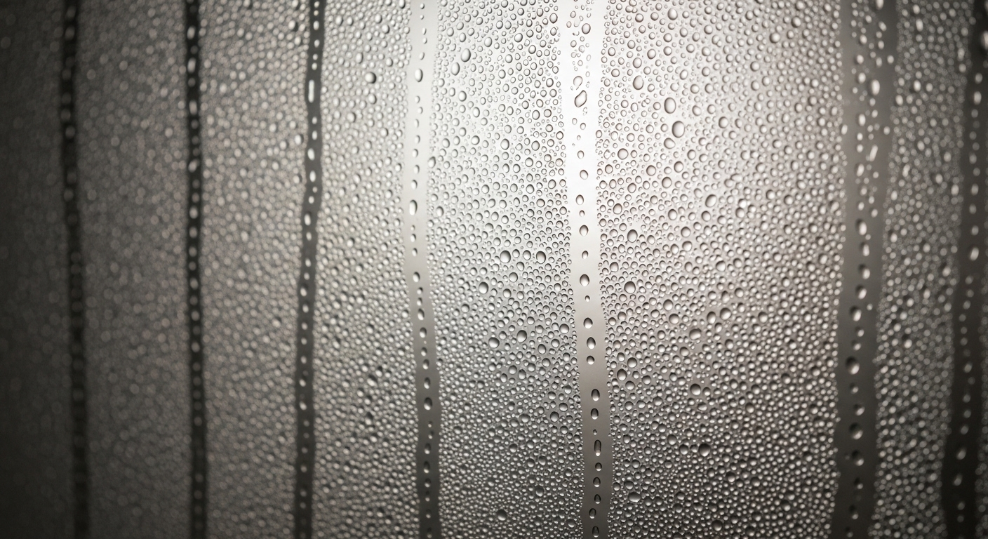 Cận cảnh gương phủ hơi nước dày đặc, sương mờ do độ ẩm cao. Đây là điều kiện lý tưởng cho nấm mốc phát triển, khiến việc làm sạch gương bị mốc trở nên quan trọng để giữ bề mặt luôn trong.