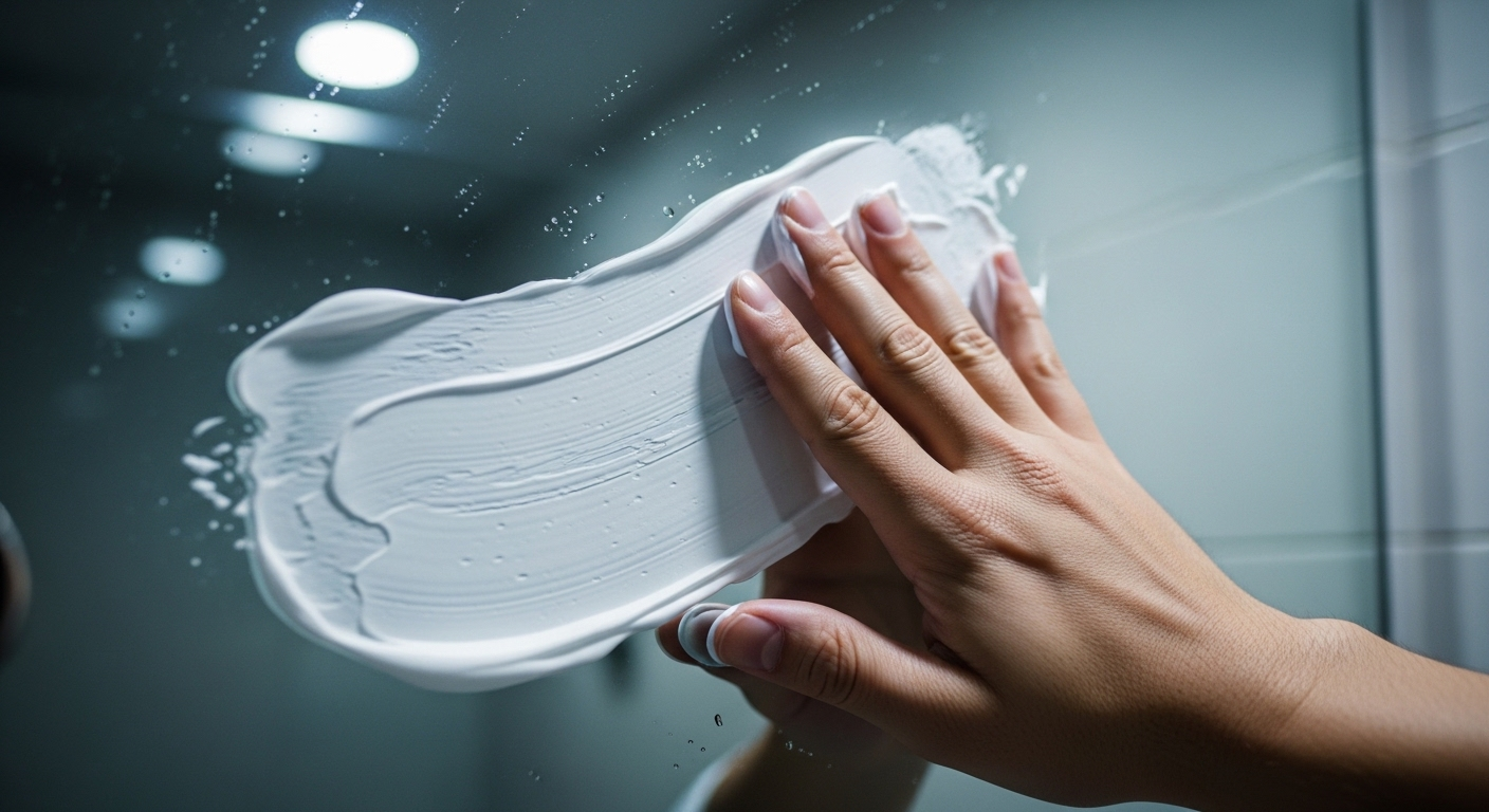 Bàn tay nhẹ nhàng thoa lớp kem cạo râu trắng lên gương nhà tắm, một bước trong cách làm sạch gương nhà tắm không để lại vệt mờ.