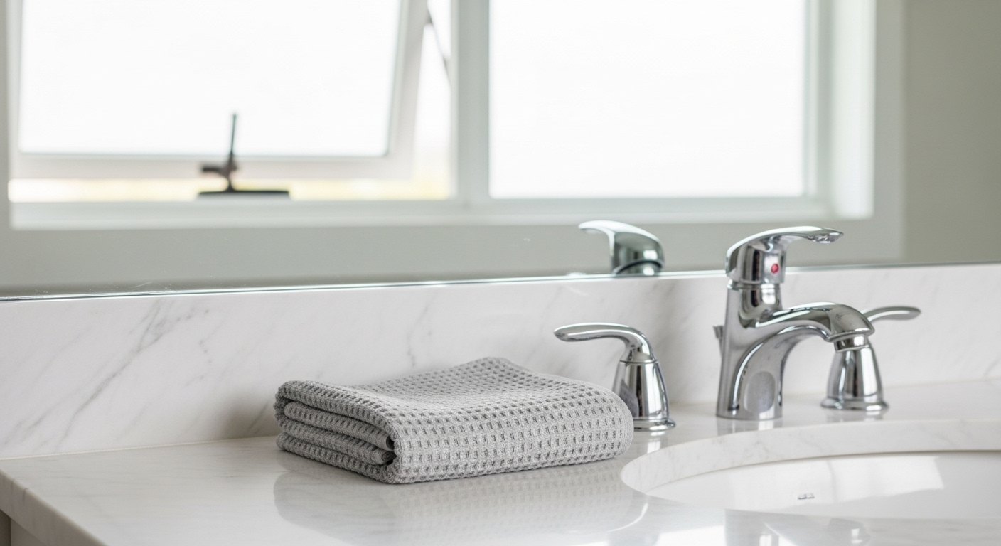 Gương phòng tắm sạch bóng với khăn microfiber gọn gàng trên bồn rửa và cửa sổ hé mở, minh họa cách khắc phục gương phòng tắm bị mờ hiệu quả bằng việc lau và thông gió.