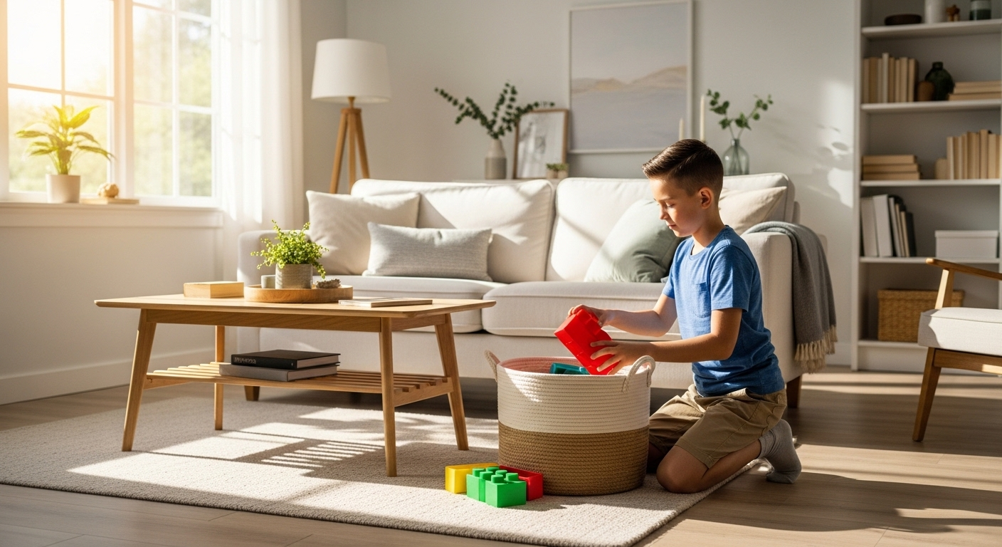 Phòng khách gọn gàng với bé 9 tuổi tự giác cất khối màu vào giỏ, thể hiện thành quả của cách khuyến khích con làm việc nhà.