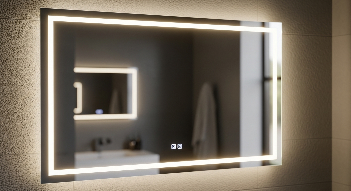 Gương nhà tắm hiện đại tích hợp đèn LED ấm áp, bề mặt trong veo và khô ráo hoàn toàn nhờ chức năng sưởi chống mờ, minh chứng cho cách làm gương nhà tắm hết mờ hiệu quả.