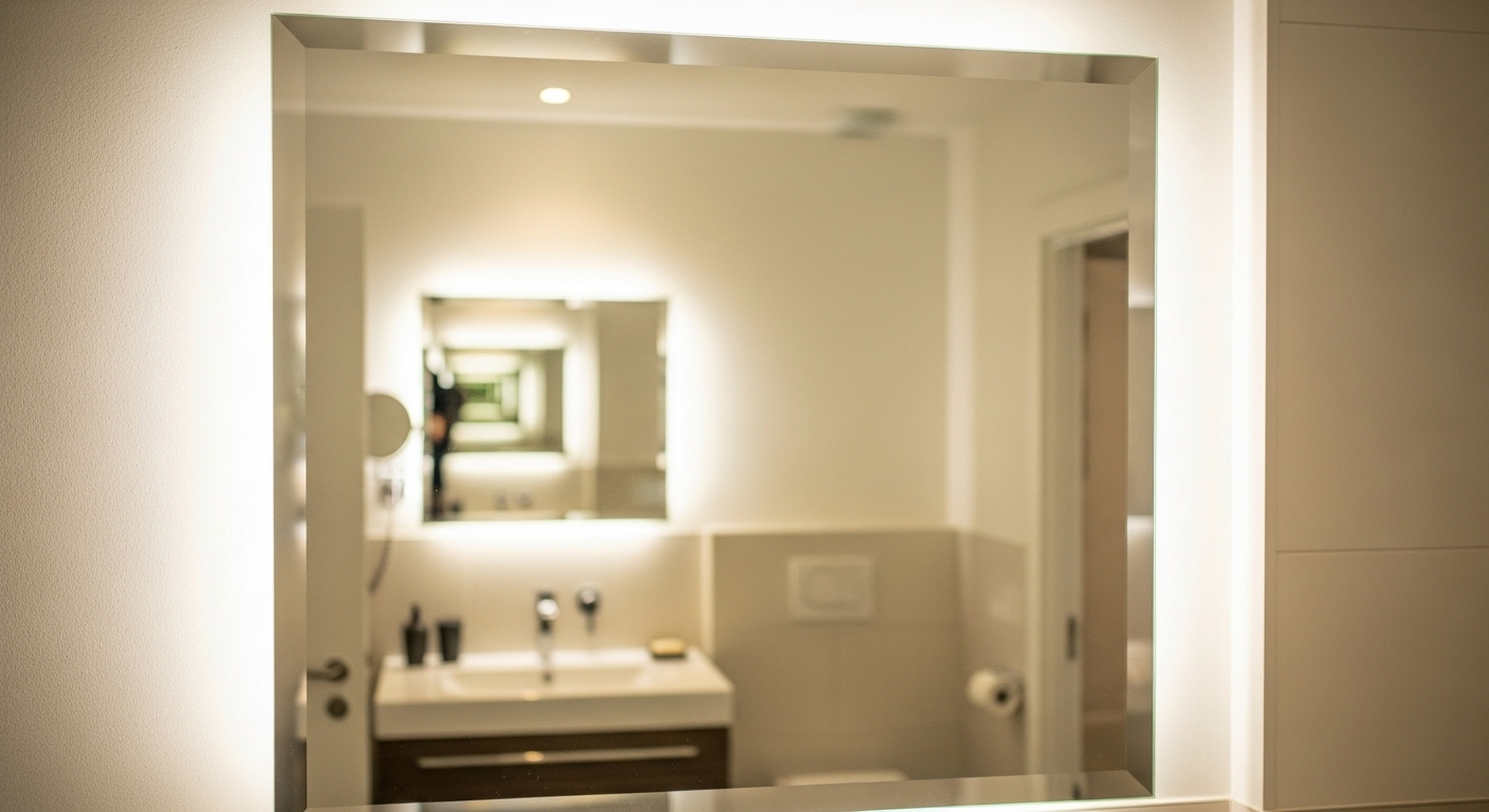 Gương phòng tắm hình chữ nhật sạch bóng, không vệt ố, phản chiếu sắc nét không gian tối giản, minh họa cho kết quả lý tưởng từ cách làm sạch gương trong phòng tắm hiệu quả.