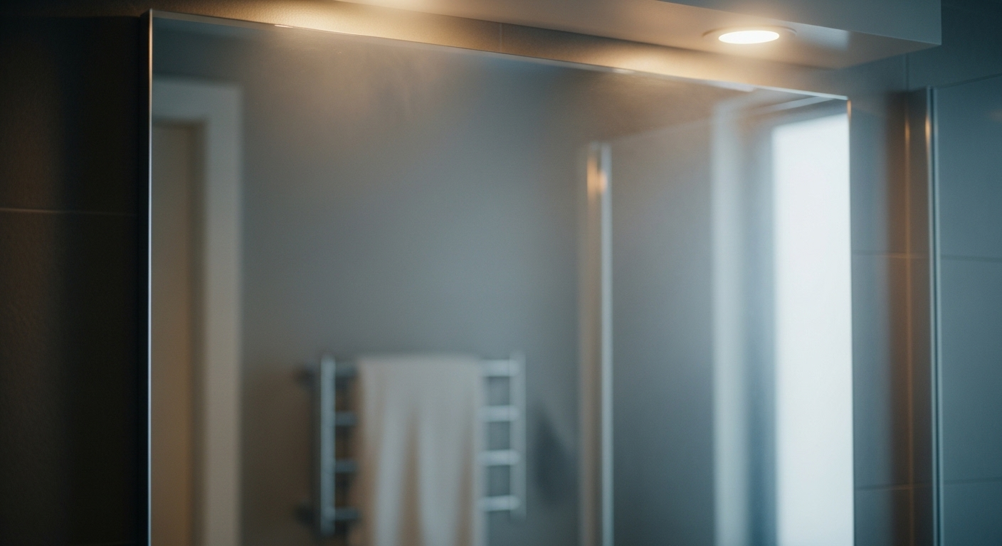 Gương nhà tắm hiện đại hoàn toàn không bị mờ dù môi trường xung quanh có hơi nước nhẹ, minh họa giải pháp hiệu quả cho cách khắc phục gương nhà tắm bị mờ.