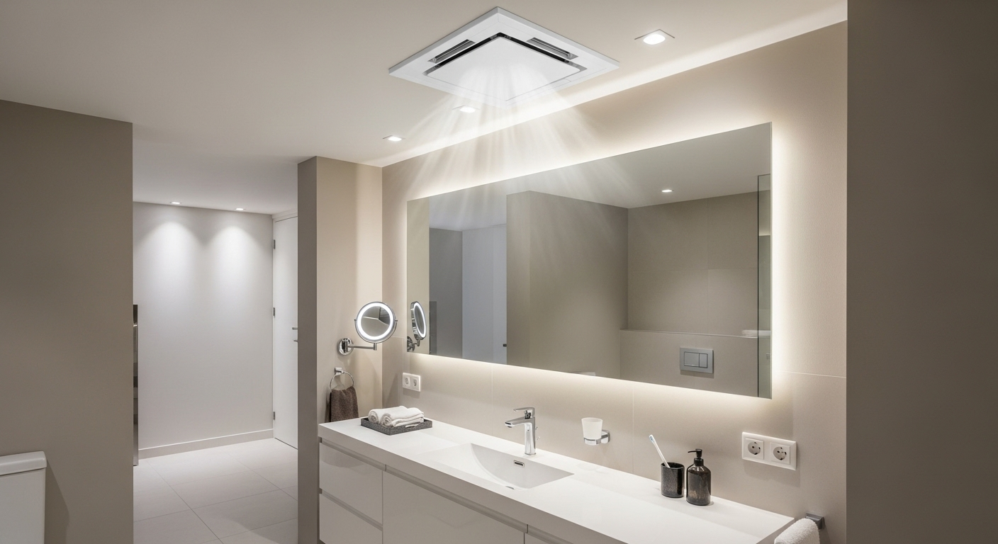 Phòng tắm hiện đại với gương sáng bóng, hơi nước tan nhanh nhờ quạt thông gió. Minh chứng cho hiệu quả của các mẹo làm sạch gương nhà tắm và giữ không gian luôn thoáng đãng.