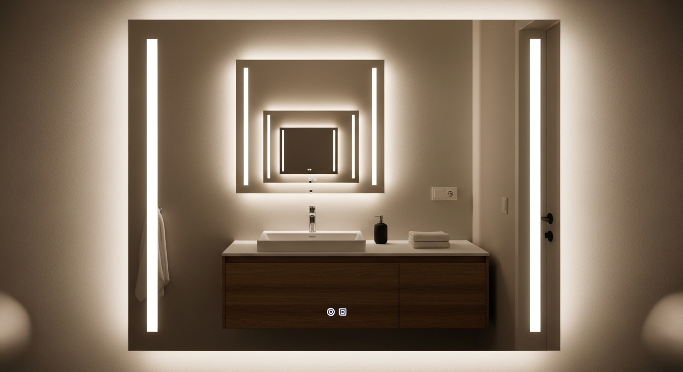 Gương phòng tắm hiện đại có đèn LED tích hợp, chống mờ hiệu quả, giúp tránh tình trạng gương phòng tắm bị mờ, phản chiếu không gian tối giản và rõ nét. Gương phòng tắm hiện đại có đèn LED tích hợp, chống mờ hiệu quả, giúp tránh tình trạng gương phòng tắm bị mờ, phản chiếu không gian tối giản và rõ nét.