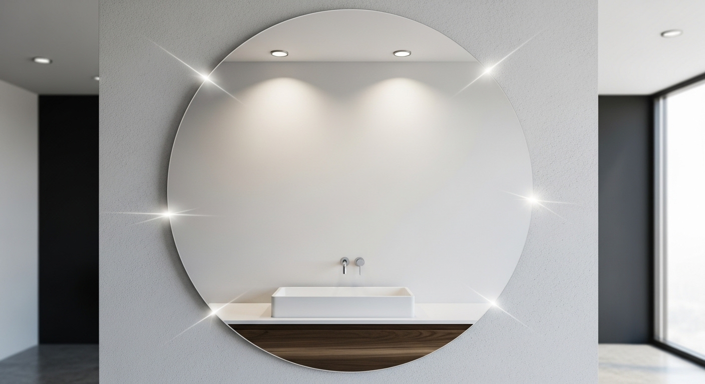 Gương tròn sáng bóng, trong suốt không tì vết trong phòng tắm hiện đại, phản chiếu rõ nét bồn rửa trắng sạch – minh chứng cho cách lau kính sạch hiệu quả.