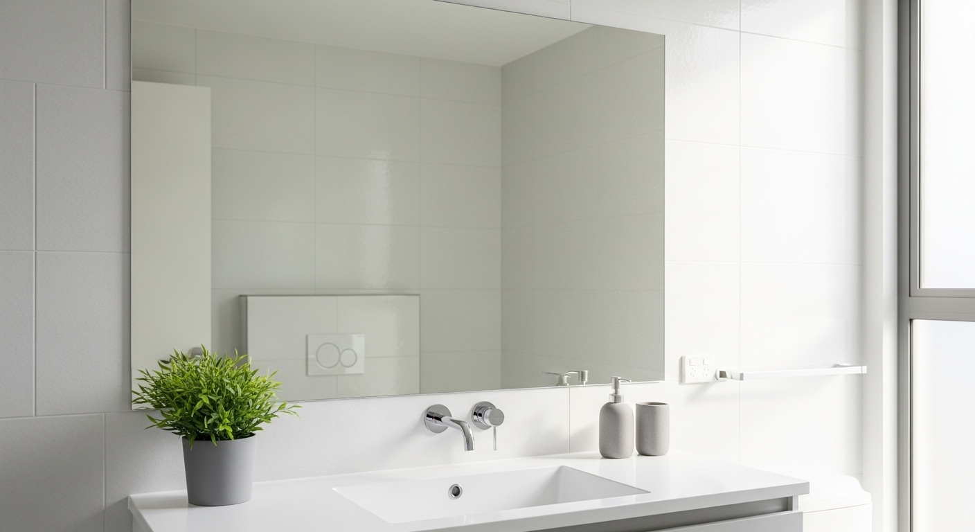 Phòng tắm hiện đại, tràn ngập ánh sáng tự nhiên, với gương lớn đã lau gương nhà tắm sạch bóng, phản chiếu không gian tươi mới, bồn rửa và cây xanh.