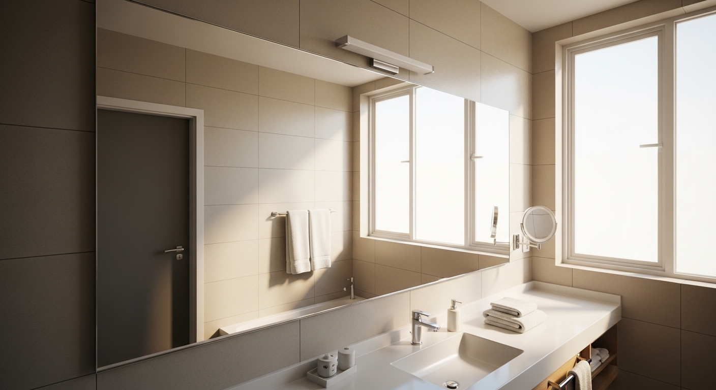 Gương phòng tắm lớn, được vệ sinh gương phòng tắm sáng bóng, phản chiếu ánh sáng tự nhiên rực rỡ từ cửa sổ, khiến không gian phòng tắm trở nên rộng rãi và sáng sủa hơn.