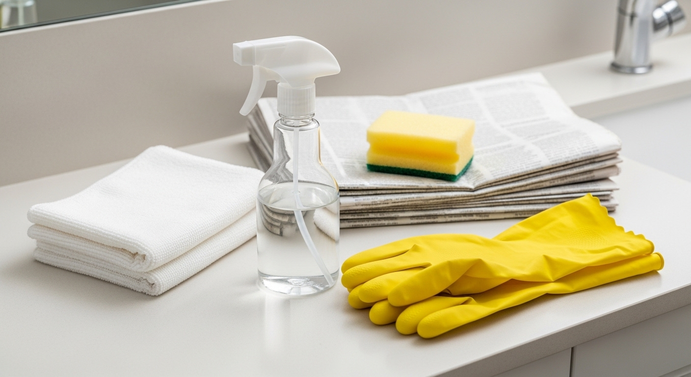 Dụng cụ cần thiết cho cách làm sạch gương nhà tắm hiệu quả, gồm khăn microfiber, bình xịt, bọt biển, báo cũ và găng tay, được sắp xếp gọn gàng trên mặt bàn.