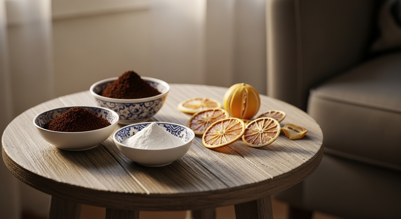 Góc nhà trong lành với bã cà phê, baking soda và vỏ cam quýt khô – mẹo dọn nhà tự nhiên giúp khử mùi, làm thơm không gian.