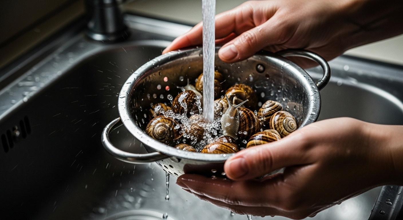 Tay đang rửa ốc trong rổ kim loại dưới vòi nước chảy mạnh.