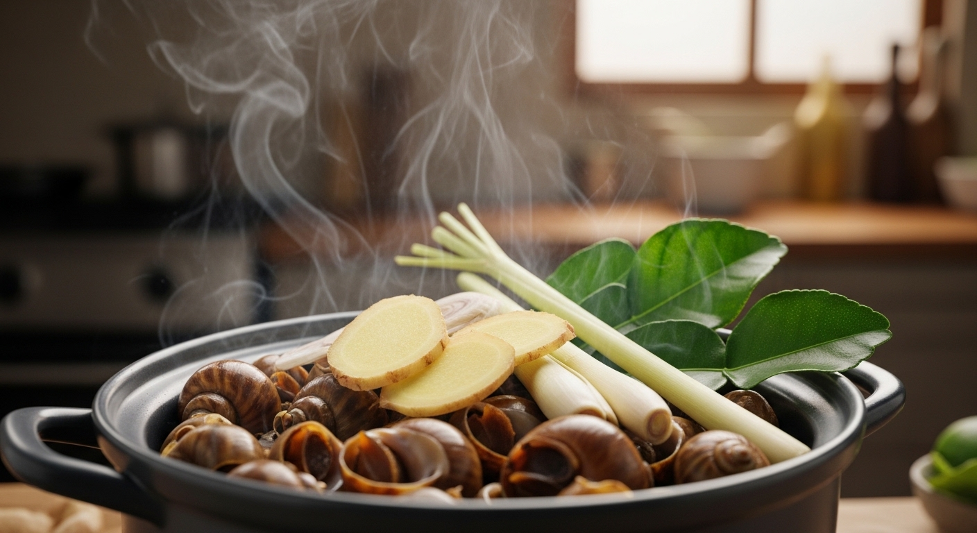 Nồi ốc nước ngọt hấp gừng, sả, lá chanh thơm lừng, hơi nước bốc lên nhẹ nhàng. Món ăn hấp dẫn sau khi áp dụng cách làm sạch ốc đúng cách.