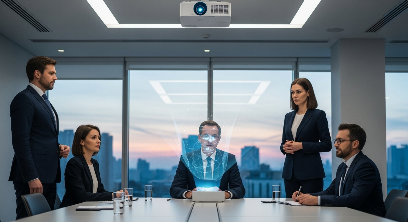 Ba lãnh đạo kinh doanh chăm chú xem lộ trình chiến lược trên hình chiếu ba chiều tại phòng họp hiện đại, tập trung thảo luận kế hoạch phát triển tương lai, bao gồm cả chiến lược về điện thoại.