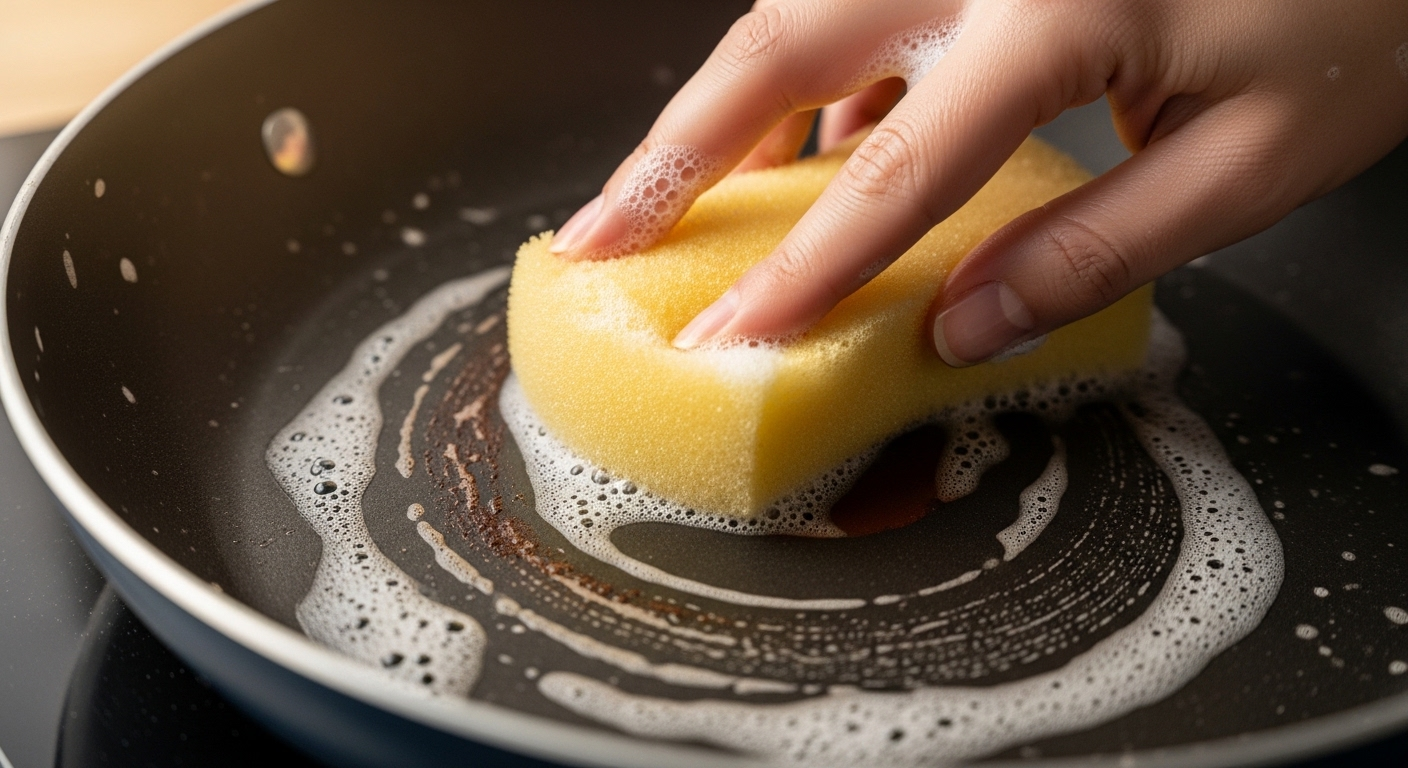 Tay đang nhẹ nhàng làm sạch nồi bị cháy trong chảo chống dính bằng miếng bọt biển mềm, loại bỏ vết bám đen.