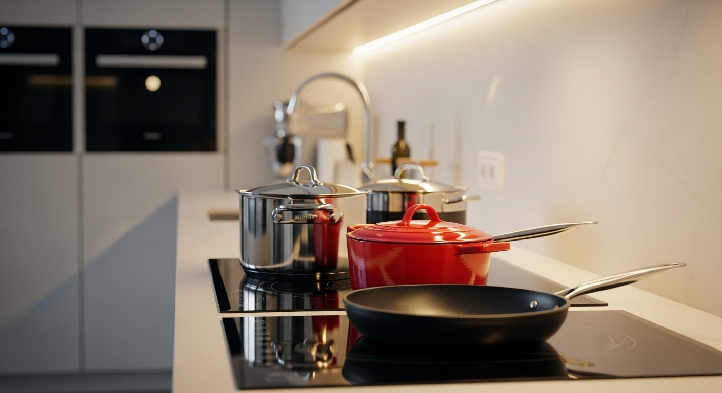 Quầy bếp sạch gọn với nồi inox, nồi tráng men và chảo chống dính sáng bóng. Hình ảnh lý tưởng đạt được khi biết cách làm sạch nồi chảo bị cháy hiệu quả.