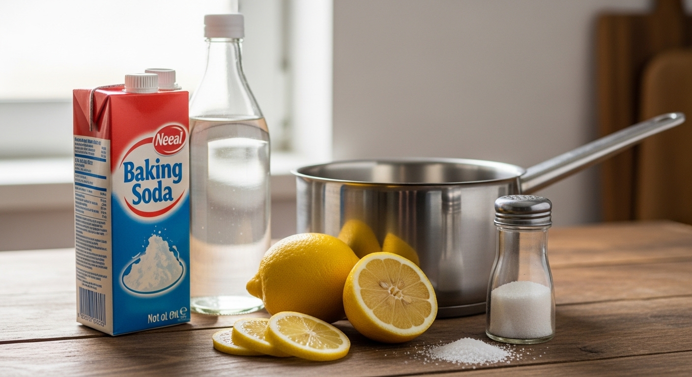 Baking soda, giấm, chanh và muối trên bàn bếp gỗ mộc mạc, hình ảnh gợi ý các mẹo làm sạch nồi hiệu quả. Khám phá thêm mẹo làm sạch nồi bị cháy bằng coca cola và các giải pháp tự nhiên khác để nồi luôn sáng bóng.