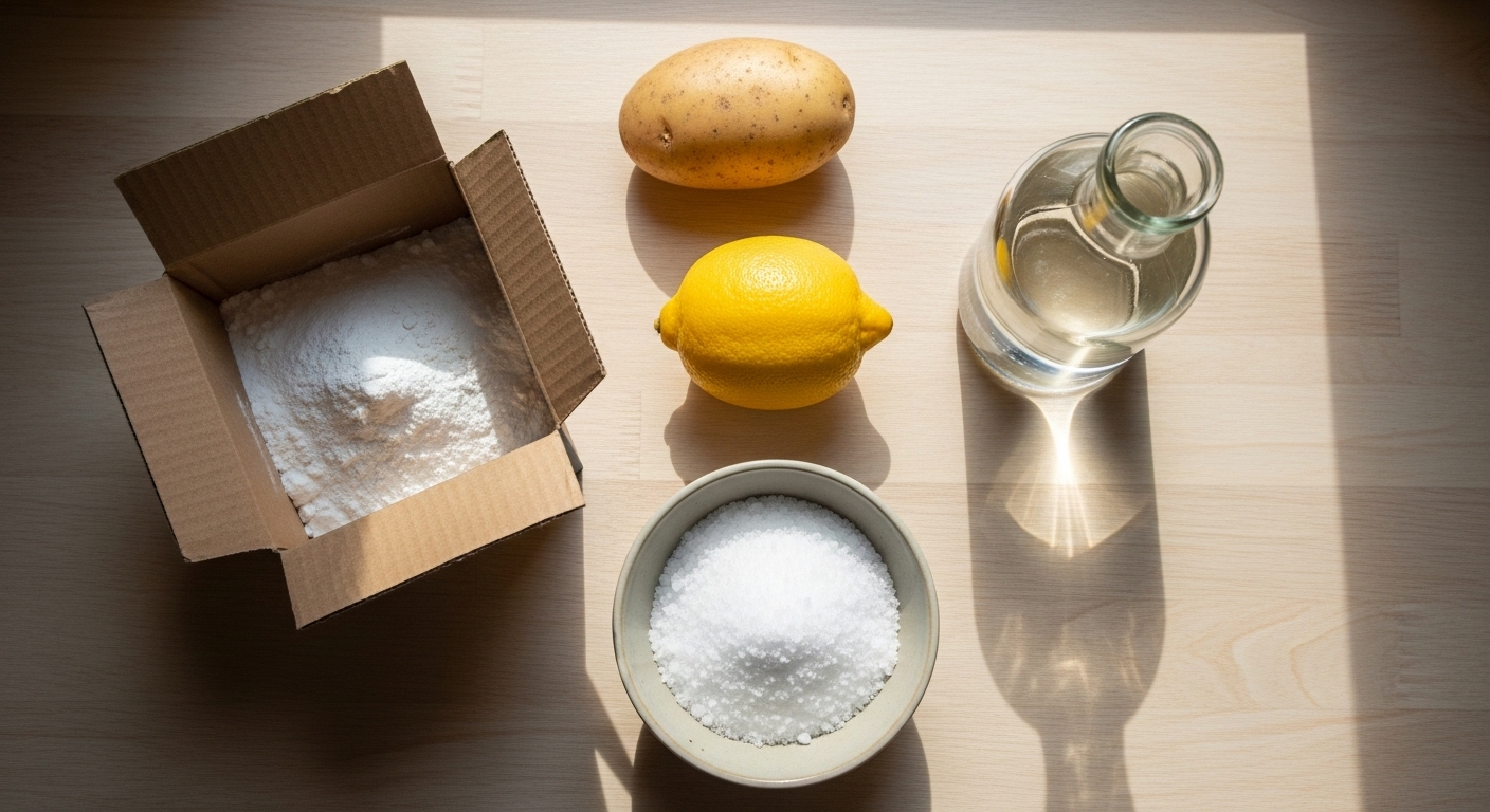 chanh, baking soda, giấm, muối, khoai tây được sắp xếp gọn gàng trên bàn gỗ, minh họa cách làm sạch nồi bị cháy hiệu quả.