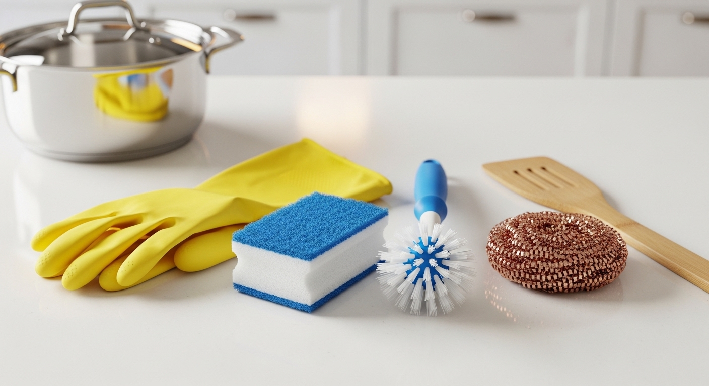 găng tay vàng, miếng rửa bát, cọ nylon, búi chà đồng, xẻng gỗ. Hoàn hảo để hỗ trợ cách xử lý nồi bị cháy và làm sạch nồi inox sáng bóng.